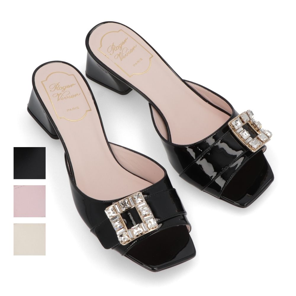 Roger Vivier サンダル ブラック クリーム ピンク ミュール スクエアトゥ ビジューバックル ヒールあり RVW53637960PBQ