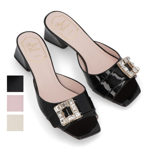 Roger Vivier サンダル ブラック クリーム ピンク ミュール スクエアトゥ ビジューバックル ヒールあり RVW53637960PBQ