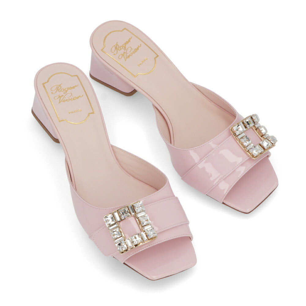 Roger Vivier サンダル ブラック クリーム ピンク ミュール スクエアトゥ ビジューバックル ヒールあり RVW53637960PBQ