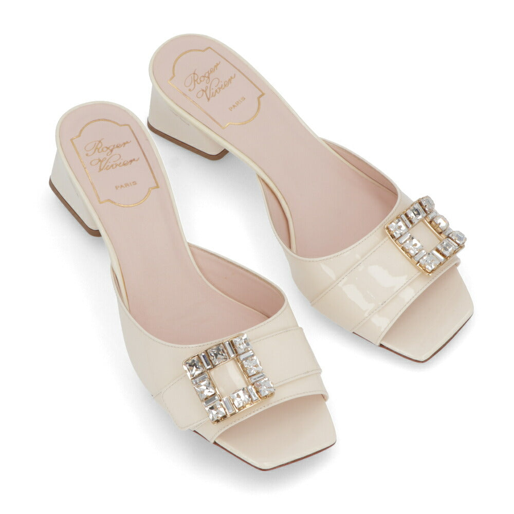 Roger Vivier サンダル ブラック クリーム ピンク ミュール スクエアトゥ ビジューバックル ヒールあり RVW53637960PBQ