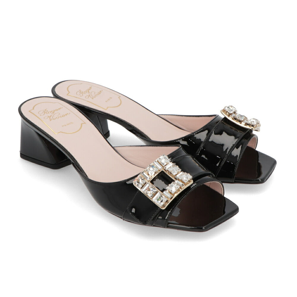 Roger Vivier ロジェ ヴィヴィエ サンダル ブラック クリーム ピンク ミュール スクエアトゥ ビジューバックル ヒールあり RVW53637960PBQ