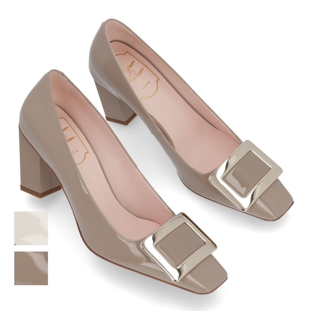 Roger Vivier パンプス ブラック クリーム ベージュ スクエアトゥ ゴールドバックル RVW71300320D1P