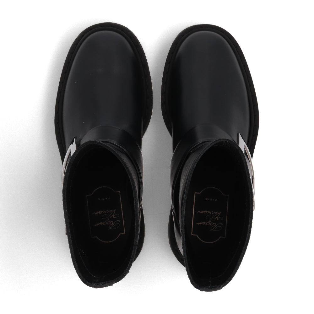 Roger Vivier ブラック ヴィヴ レンジャーズ レザー メタルバックル厚底 靴 ショートブーツ RVW74038980TTQ