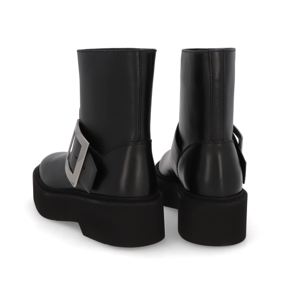 Roger Vivier ロジェ ヴィヴィエ ブラック ヴィヴ レンジャーズ レザー メタルバックル厚底 靴 ショートブーツ RVW74038980TTQ