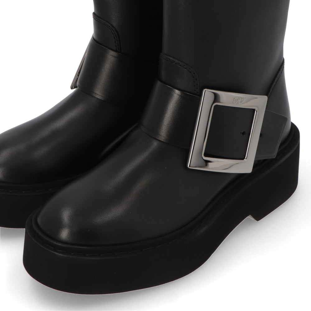 Roger Vivier ロジェ ヴィヴィエ ブラック ヴィヴ レンジャーズ レザー メタルバックル厚底 靴 ショートブーツ RVW74038980TTQ