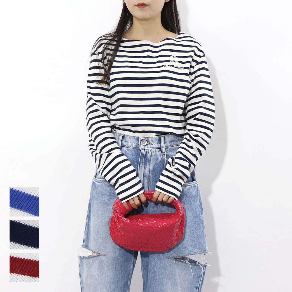 Sporty＆Rich ロンT ボーダー ロゴ 刺繍 ミドル丈