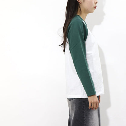 スポーティー＆リッチ Sporty＆Rich トップス Tシャツ・カットソー レディース SRHWC Baseball Tee  ホワイト×グリーン コットン ツートンカラー ロゴ ロゴプリント ラグラン 長袖 BTAW231WH