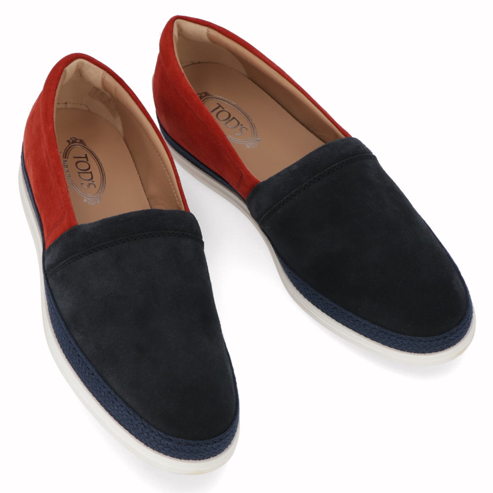 トッズ TOD'S シューズ レザーシューズ メンズ ネイビー×レッド スエード ロゴ スリッポンシューズ バイカラー