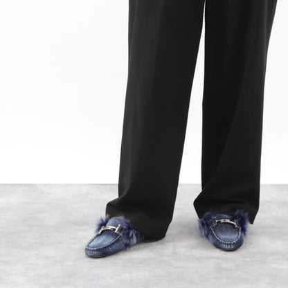 トッズ シューズ パンプス レディース ネイビー ダブルT ドライビングシューズ モカシン ファーシューズ デニム ヒールなし ムートン XXW00G0X880IUB0ZYS