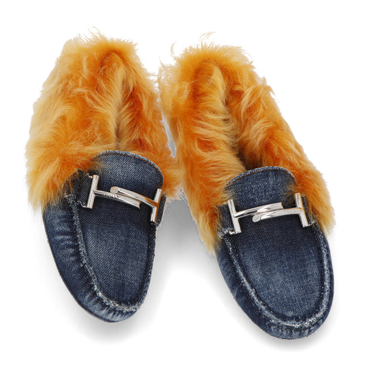 トッズ シューズ パンプス レディース ネイビー イエロー ダブルT ドライビングシューズ モカシン ファー デニム ムートン ヒールなし XXW00G0X880IUB9998