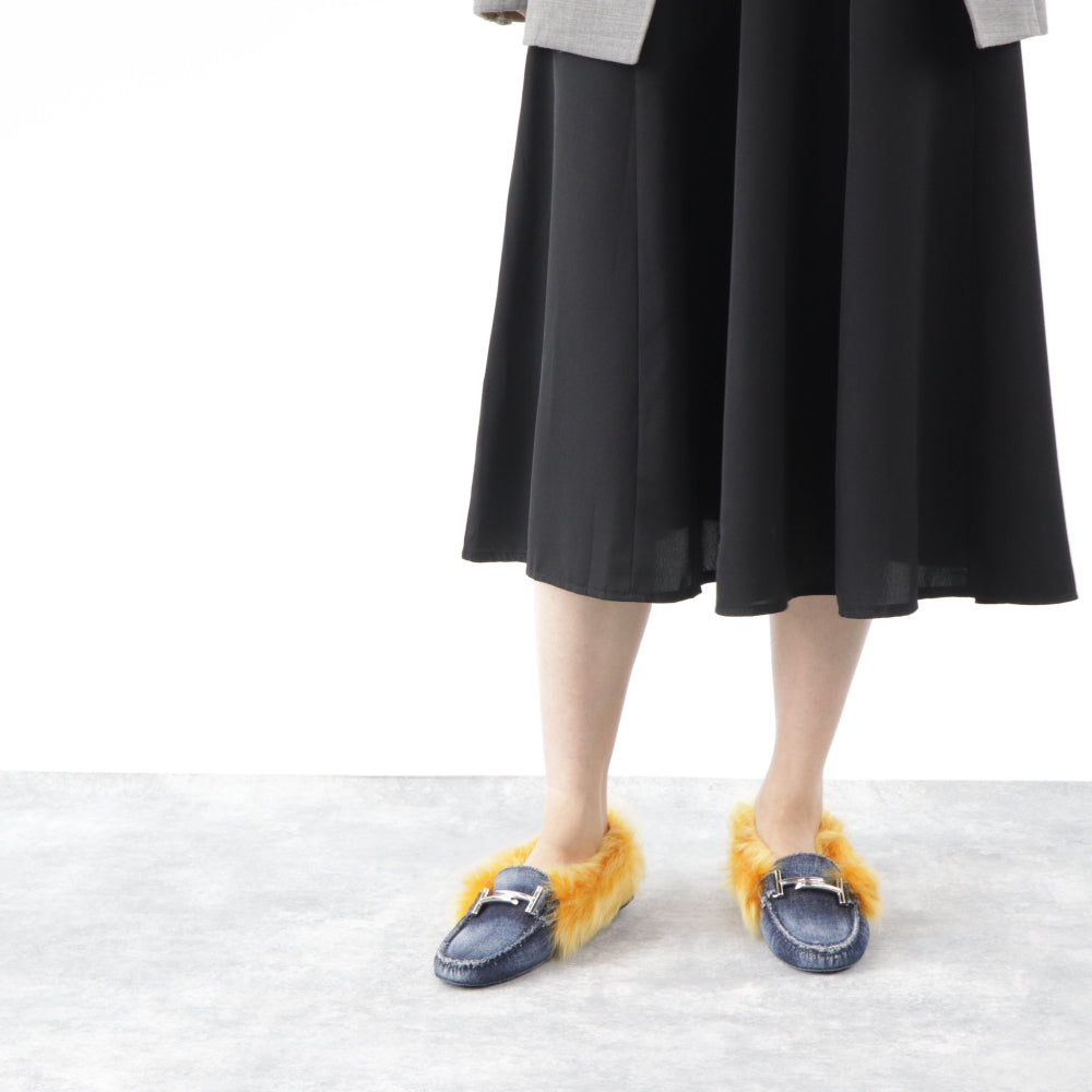 トッズ シューズ パンプス レディース ネイビー イエロー ダブルT ドライビングシューズ モカシン ファー デニム ムートン ヒールなし XXW00G0X880IUB9998