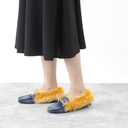トッズ シューズ パンプス レディース ネイビー イエロー ダブルT ドライビングシューズ モカシン ファー デニム ムートン ヒールなし XXW00G0X880IUB9998
