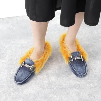 トッズ シューズ パンプス レディース ネイビー イエロー ダブルT ドライビングシューズ モカシン ファー デニム ムートン ヒールなし XXW00G0X880IUB9998
