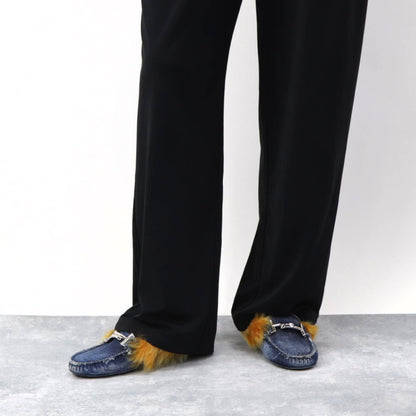 トッズ シューズ パンプス レディース ネイビー イエロー ダブルT ドライビングシューズ モカシン ファー デニム ムートン ヒールなし XXW00G0X880IUB9998