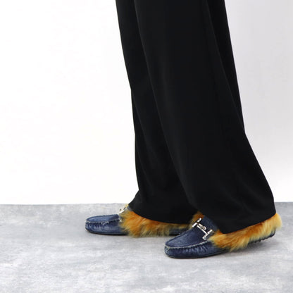 トッズ シューズ パンプス レディース ネイビー イエロー ダブルT ドライビングシューズ モカシン ファー デニム ムートン ヒールなし XXW00G0X880IUB9998