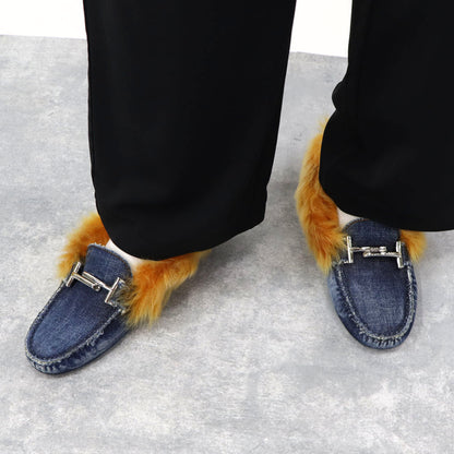 トッズ シューズ パンプス レディース ネイビー イエロー ダブルT ドライビングシューズ モカシン ファー デニム ムートン ヒールなし XXW00G0X880IUB9998
