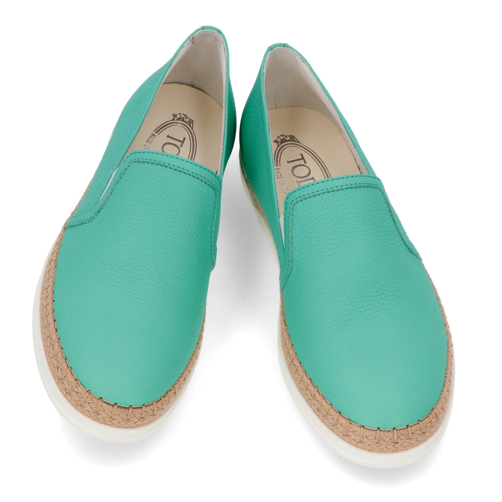 トッズ レディース エスパドリーユ GOMMA RAFIA TV PANTOFOLA PELLE 5JI MENTA エメラルドグリーン レザー フラットシューズ XXW0TV0J97Z5J1V414