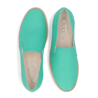 トッズ レディース エスパドリーユ GOMMA RAFIA TV PANTOFOLA PELLE 5JI MENTA エメラルドグリーン レザー フラットシューズ XXW0TV0J97Z5J1V414