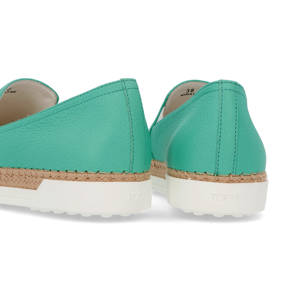 トッズ レディース エスパドリーユ GOMMA RAFIA TV PANTOFOLA PELLE 5JI MENTA エメラルドグリーン レザー フラットシューズ XXW0TV0J97Z5J1V414