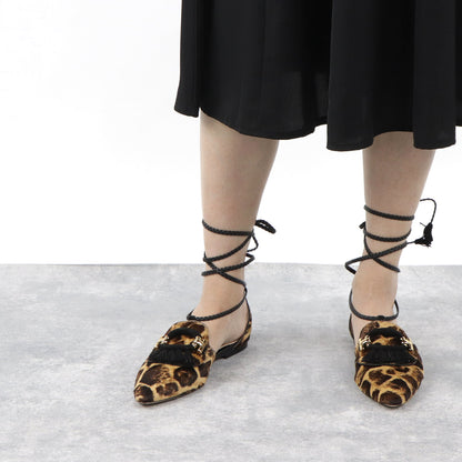 トッズ シューズ パンプス レディース ブラウン ヒールなし Tバックル レオパード ヒョウ柄 ハラコ ストラップ タッセル フラット XXW19B0BJ71LAS