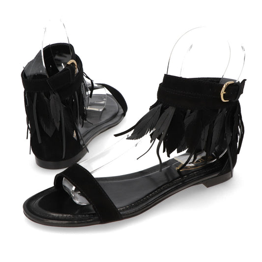 TOD’S フラットサンダル ブラック スエード フリンジ付き