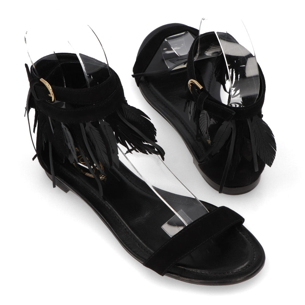 トッズ サンダル レディース CUOIO LEGG.37B SAND NAP. PIUME PEL.HRO ブラック スエード フリンジ フラット ヒールなし XXW37B0AR60HR0 B999