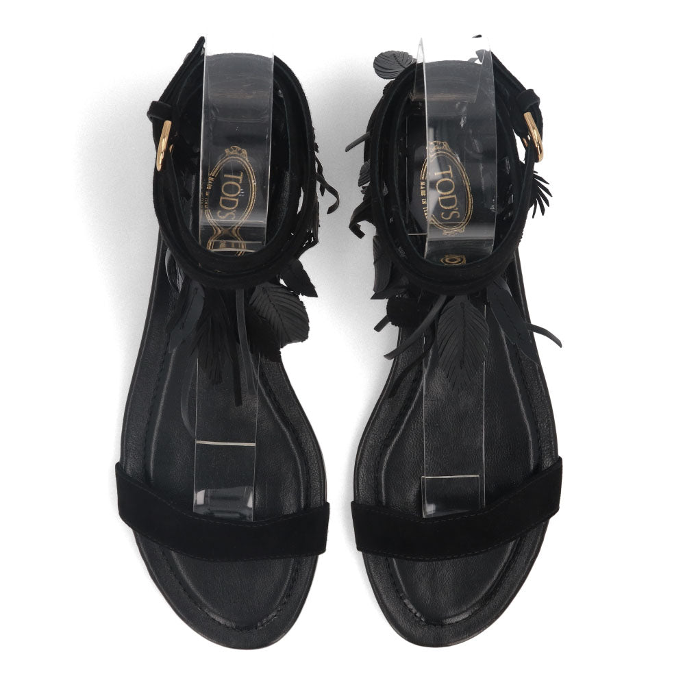 TOD’S フラットサンダル ブラック スエード フリンジ付き