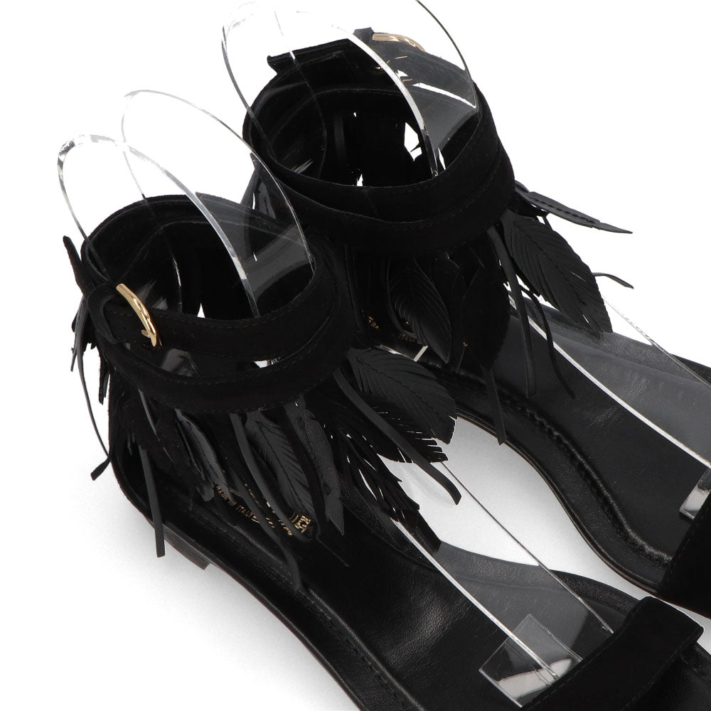 TOD’S フラットサンダル ブラック スエード フリンジ付き