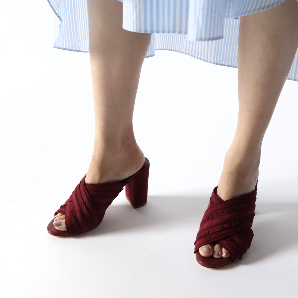 TOD’S サンダル ハイヒール ボルドー スエード フリンジ