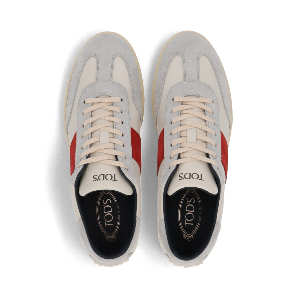 TOD'S スニーカー グレー×レッド スエードカーフスキン スムースカーフスキン レースアップ スポーティ ローカット XXM68C0GC50SOX