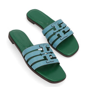 Tory Burch ライトブルー×グリーン フラットサンダル ダブルT 158616