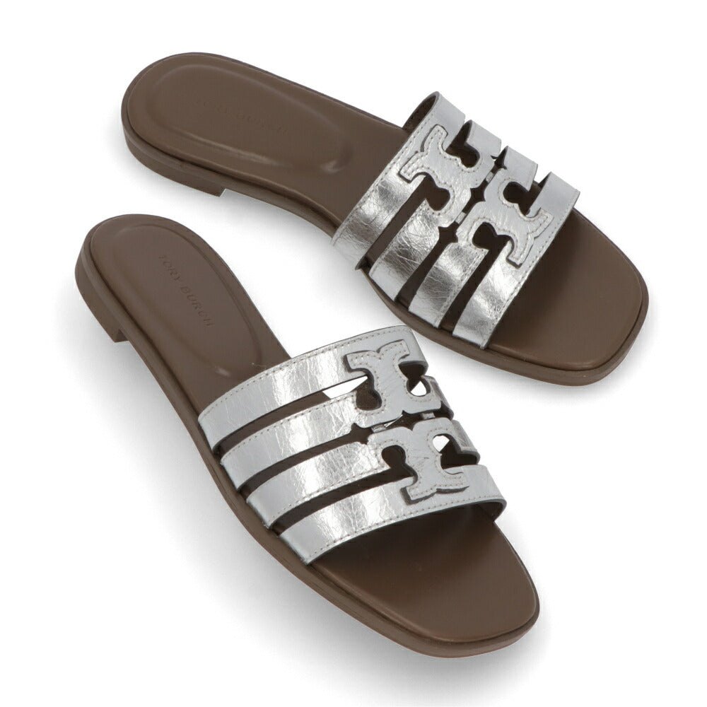 Tory Burch サンダル シルバー×ブラウン フラットサンダル スライドサンダル ダブルT 159328