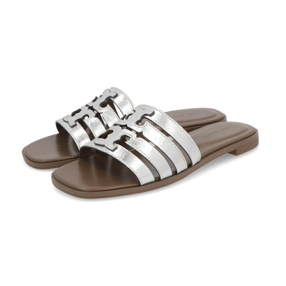 Tory Burch サンダル シルバー×ブラウン フラットサンダル スライドサンダル ダブルT 159328