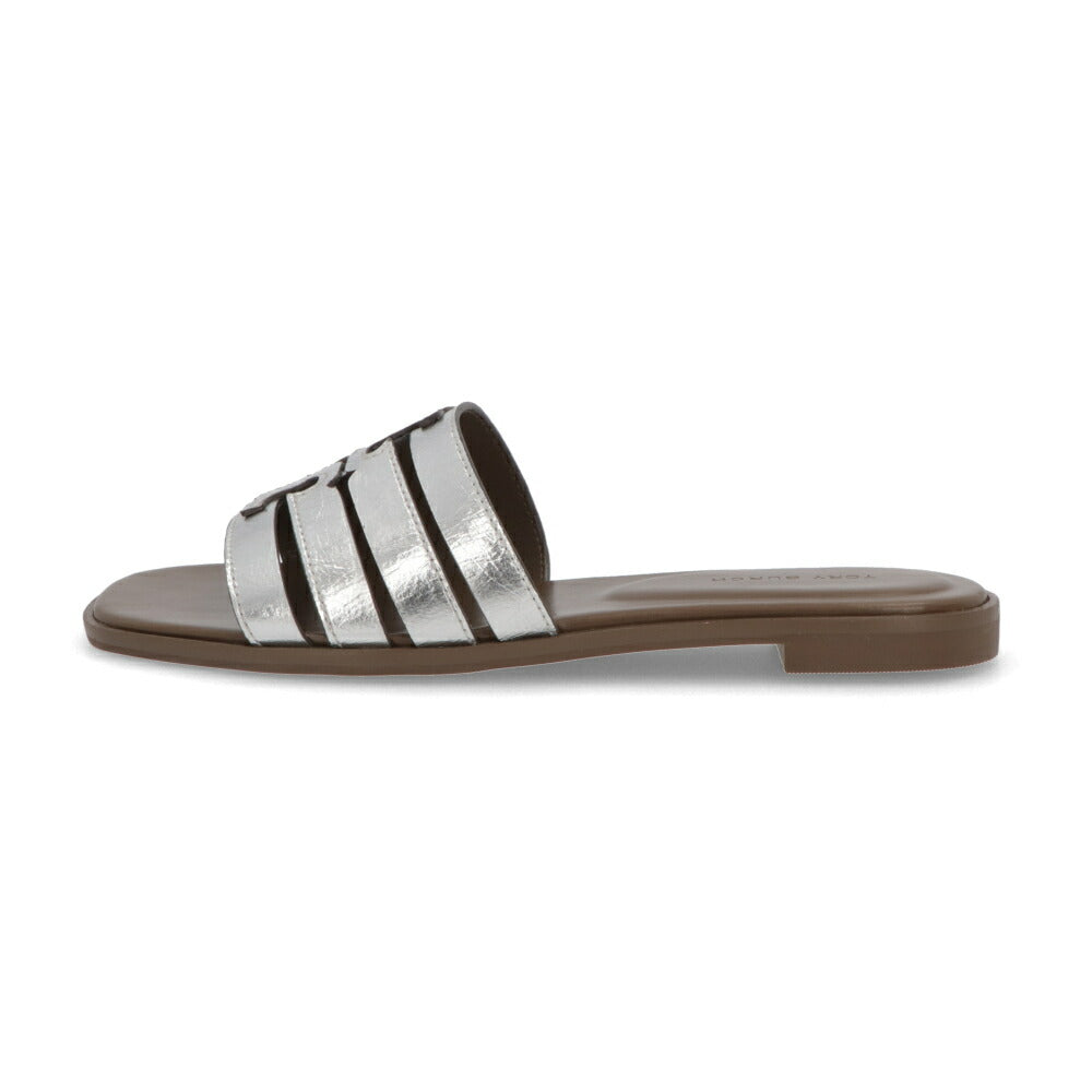 Tory Burch サンダル シルバー×ブラウン フラットサンダル スライドサンダル ダブルT 159328