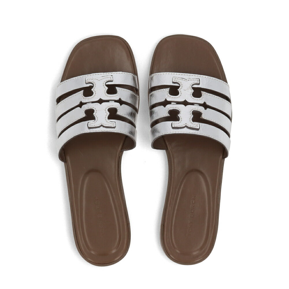 Tory Burch サンダル シルバー×ブラウン フラットサンダル スライドサンダル ダブルT 159328