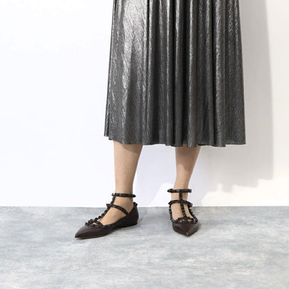 ヴァレンティノ VALENTINO シューズ パンプス レディース ダークブラウン レザー フラットシューズ ロックスタッズ ポインテッドトゥ ヒールなし 2W0S0376VB8
