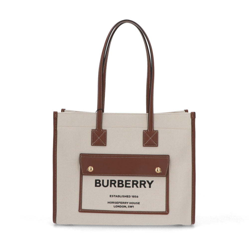 BURBERRY バーバリー レディース バッグ トートバッグ ブラウン×ホワイト カーフレザー コットン リネン ツートン キャンバスバッグ 8044138