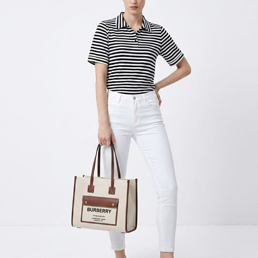 BURBERRY バーバリー レディース バッグ トートバッグ ブラウン×ホワイト カーフレザー コットン リネン ツートン キャンバスバッグ 8044138