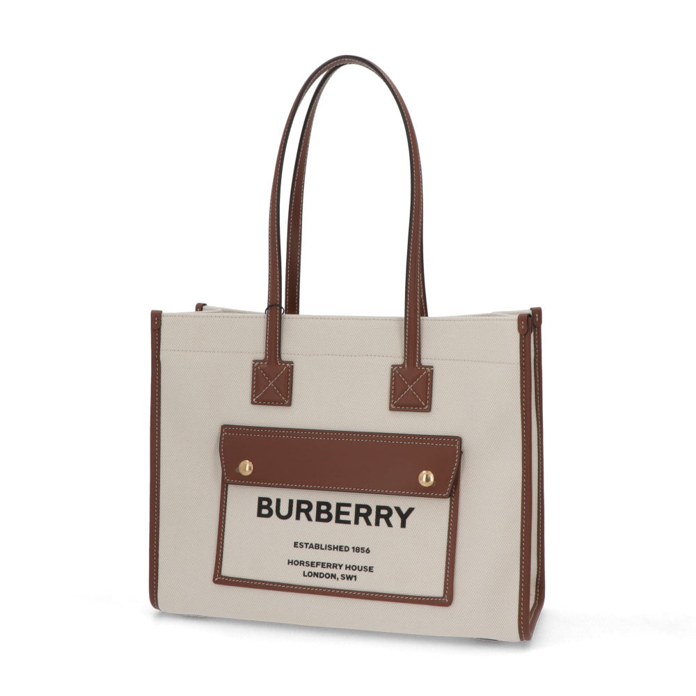 BURBERRY バーバリー レディース バッグ トートバッグ ブラウン×ホワイト カーフレザー コットン リネン ツートン キャンバスバッグ 8044138
