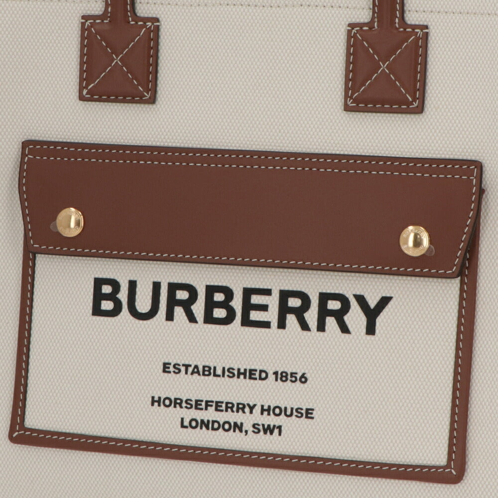BURBERRY バーバリー レディース バッグ トートバッグ ブラウン×ホワイト カーフレザー コットン リネン ツートン キャンバスバッグ 8044138