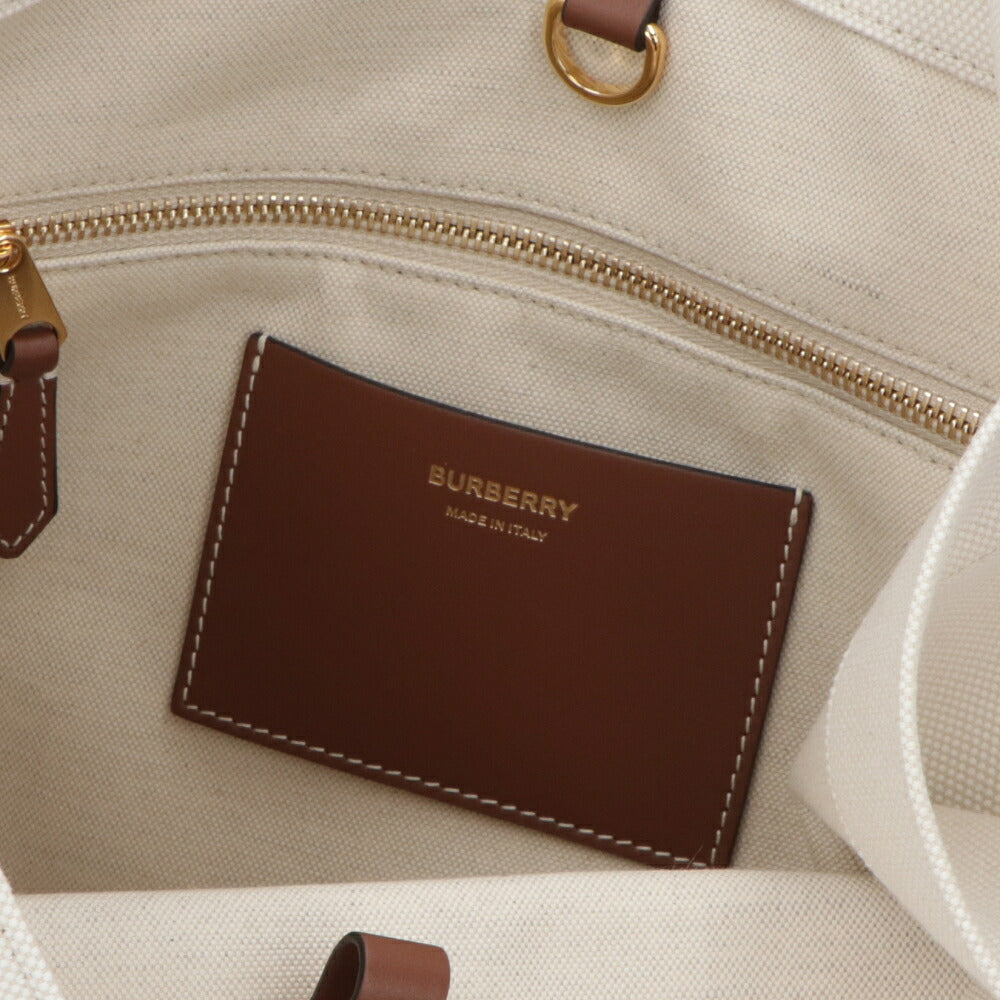 BURBERRY バーバリー レディース バッグ トートバッグ ブラウン×ホワイト カーフレザー コットン リネン ツートン キャンバスバッグ 8044138