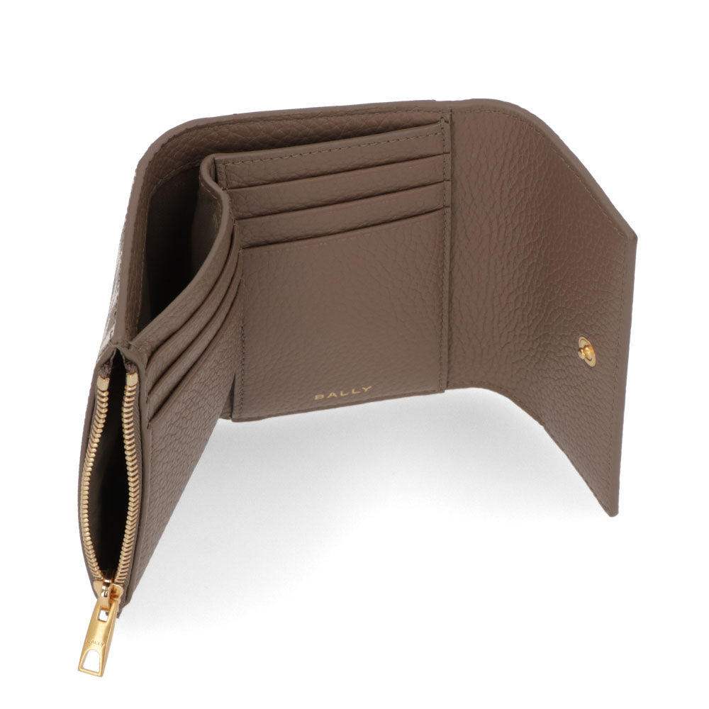 BALLY 三つ折り財布 グレージュ レザー ロゴ ペナントモチーフ