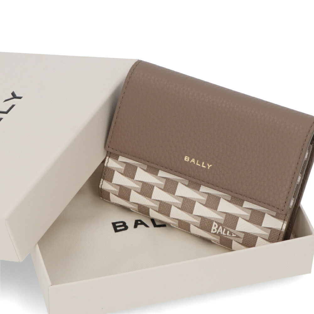 BALLY 三つ折り財布 グレージュ レザー ロゴ ペナントモチーフ