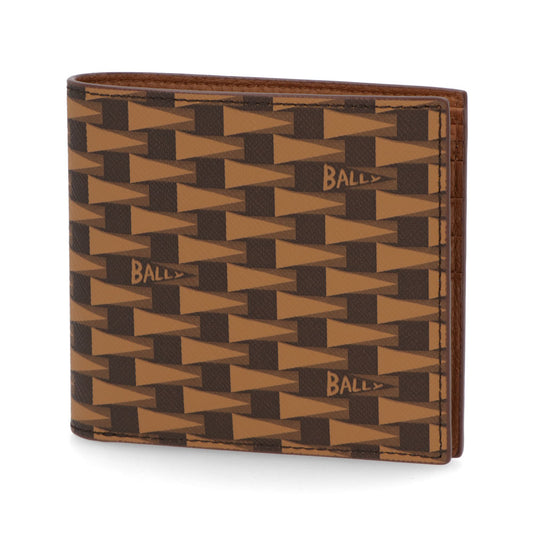 バリー BALLY 財布 二つ折り財布 メンズ ブラウン系 レザー ロゴ ペナントモチーフ ウォレット 総柄 小銭入れなし PNT_BIFOLD 8CC/I8D4O