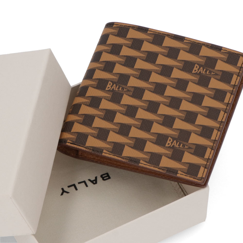 バリー BALLY 財布 二つ折り財布 メンズ ブラウン系 レザー ロゴ ペナントモチーフ ウォレット 総柄 小銭入れなし PNT_BIFOLD 8CC/I8D4O