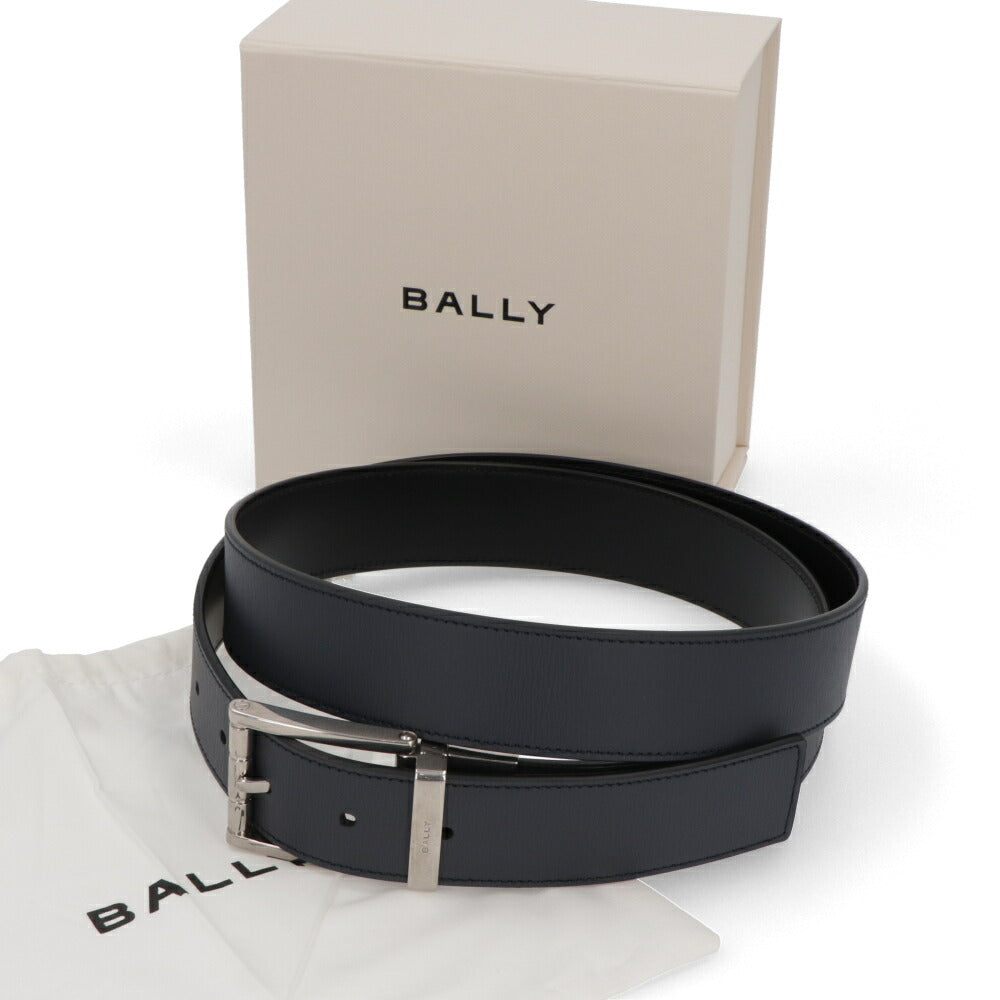 BALLY ベルト ブラック×ネイビー レザー シルバー金具