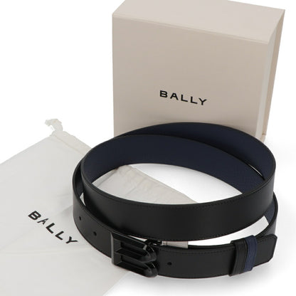 BALLY ベルト ブラック×ネイビー レザー ロゴ エンブレム