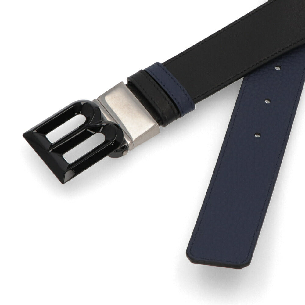BALLY ベルト ブラック×ネイビー レザー ロゴ エンブレム