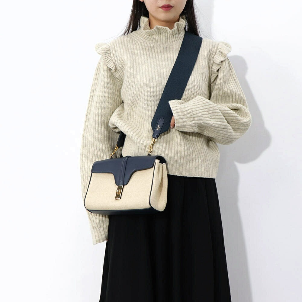 セリーヌ CELINE バッグ ショルダーバッグ レディース ティーン ソフト 16 セーズ バニラ ネイビー レザー ラフィア シンプル 196852DJ9.01NA