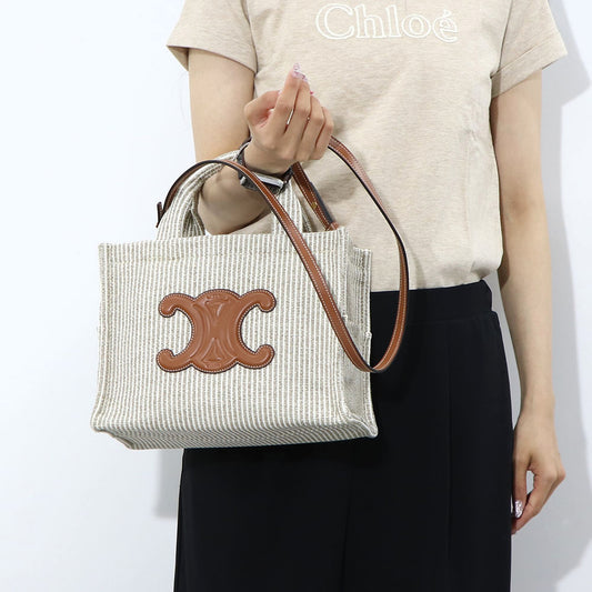 セリーヌ CELINE バッグ ハンドバッグ レディース Small Cabas スモール カバ タイス ベージュ×ブラウン系 テキスタイル カーフスキン ショルダーバッグ 2way 鞄 Triomphe トリオンフ ストライプ Beige 19916 2FEE